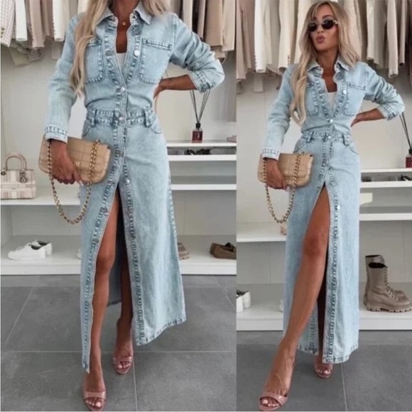 Zara Dresses & Skirts - Zara Light Blue Denim Maxi Dress